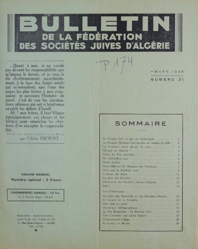 Bulletin de la Fédération des sociétés juives d’Algérie  V°03 N°21 (01/03/1936)